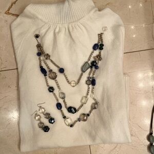 Elegant Silver and Blue Beaded Necklace and Earring Set